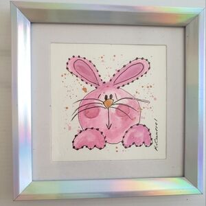 Framed Pink Bunny Watercolor Art